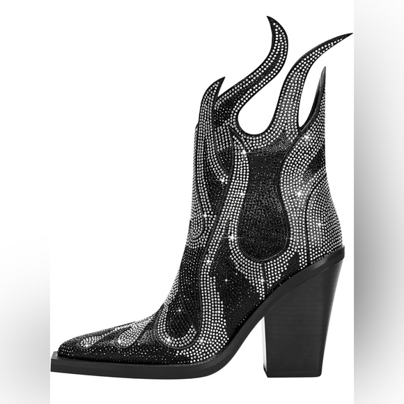 Rhinestone Flame Pointed Toe Block Heel Sparkly Cowboy Ankle Booties - Picture 6 of 8